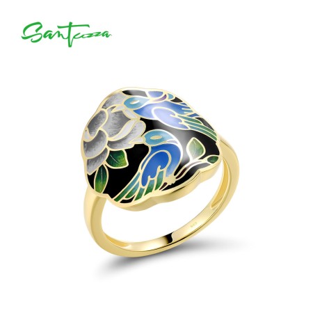 SANTUZZA 925 Sterling Silver Ring Vintage Blue Enamel Bird Floral Pattern Retro Fine Jewelry