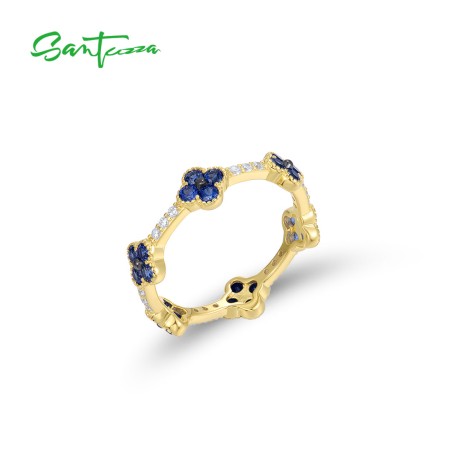 SANTUZZA 925 Sterling Silver Stackable Ring For Women Created Sapphire White CZ Delicate Flowers Fine Jewelry