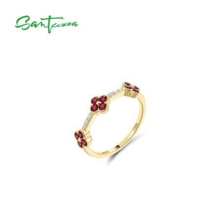 SANTUZZA 925 Sterling Silver Stackable Ring For Women Created Ruby White CZ Flowers Jewelry