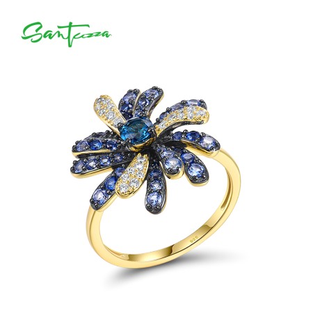 SANTUZZA 925 Sterling Silver Ring Nature Inspired Party Gifts Synthetic Blue Spinel Modern Fine Jewelry