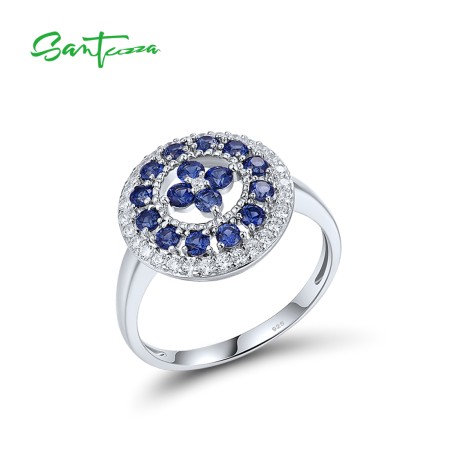 SANTUZZA 925 Sterling Silver Rings Created Blue Sapphire Round Shape Elegant Birthday Gifts Fine Jewelry