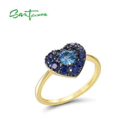 SANTUZZA 925 Sterling Silver Rings Sparkling Blue Crystal Heart / Flower / Star / Square Luxury Fine Jewelry