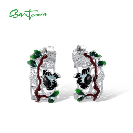 SANTUZZA 925 Sterling Silver Earrings White CZ Black Flower Enamel Fine Jewelry