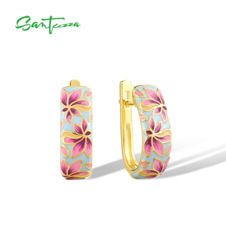 SANTUZZA 925 Sterling Silver Earrings Vintage ‌Enamel Floral Style Fine Jewelry 