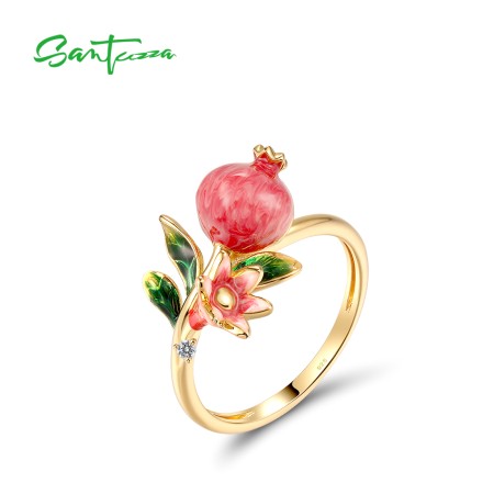 SANTUZZA 925 Silver Ring Cute Pomegranate Fruits Fine Jewelry Enamel