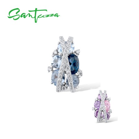 SANTUZZA 925 Sterling Silver Pendant  Sparkling Blue Purple Pink White Cubic Zirconia Jewelry