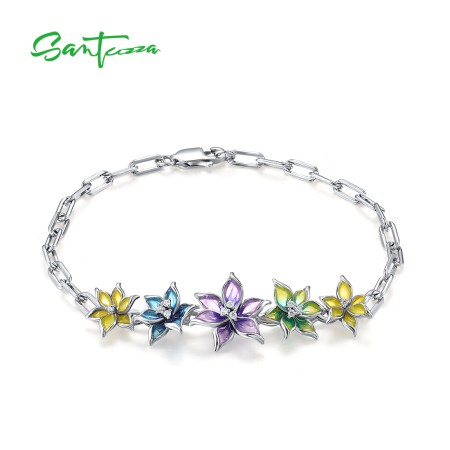 SANTUZZA 925 Sterling Silver Bracelet Colorful Flowers Jewelry Enamel