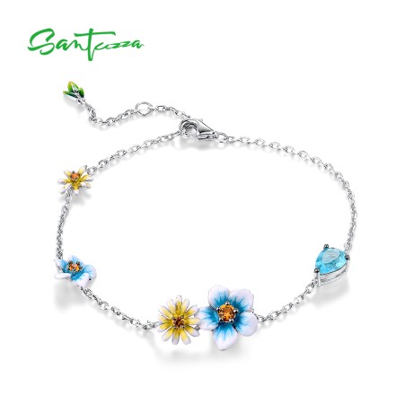 SANTUZZA 925 Sterling Silver Bracelet Blue Yellow Blooming Flowers Adjustable Jewelry Enamel