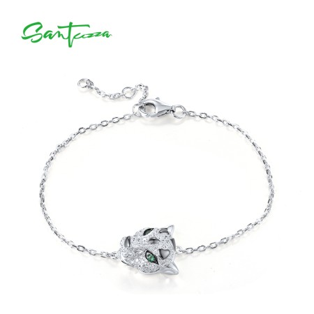 SANTUZZA 925 Sterling Silver Bracelet Leopard Panther Green Spinel White Zirconia Adjustable Jewelry