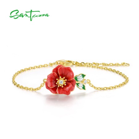 SANTUZZA 925 Sterling Silver Adjustable Bracelet Red Enamel Flower Jewelry