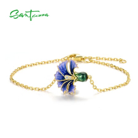 SANTUZZA 925 Sterling Silver Adjustable Bracelet Unique Blue Enamel Flower Jewelry