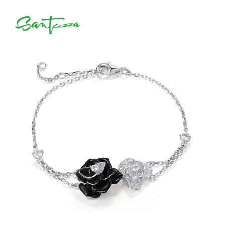SANTUZZA 925 Sterling Silver Adjustable Bracelet Vintage Black & White Flower Jewelry Enamel