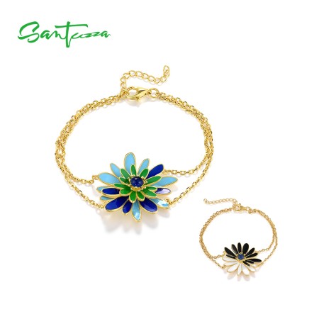 SANTUZZA  925 Sterling Silver Bracelet Green&Blue Flower Enamel Adjustable Chic Gifts Fine Jewelry 