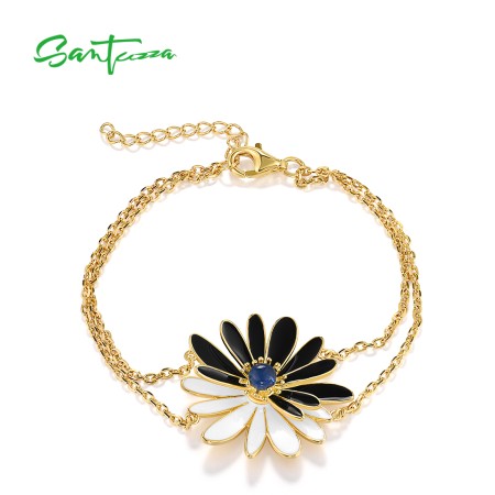 SANTUZZA  925 Sterling Silver Bracelet Green&Blue Flower Enamel Adjustable Chic Gifts Fine Jewelry 