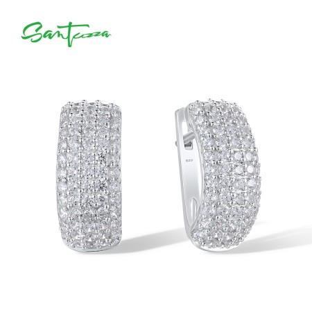 SANTUZZA 925 Sterling Silver Classic Earrings White Cubic Zirconia Latch Back Jewelry