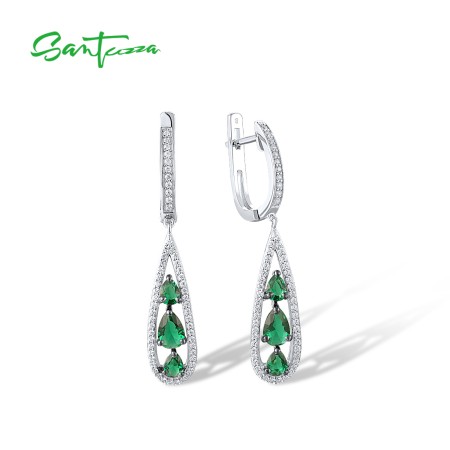 SANTUZZA 925 Sterling Silver Drop Earrings White CZ Green Stone Jewelry