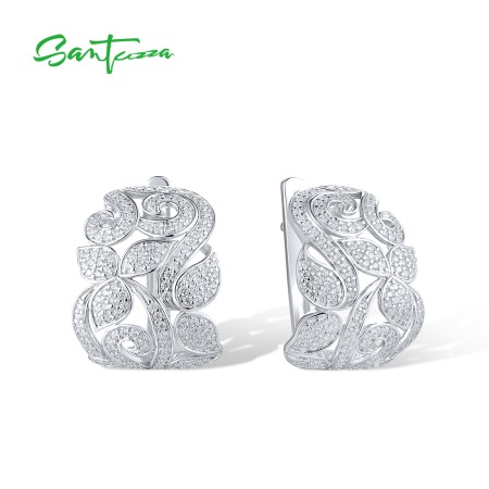 SANTUZZA 925 Sterling Silver Earrings White CZ  Flower Fine Jewelry