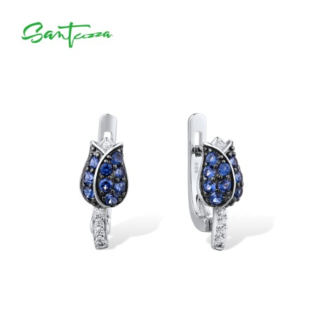 SANTUZZA 925 Sterling Silver Earrings For Women Silver Blue Tulip Cubic Zirconia Jewelry