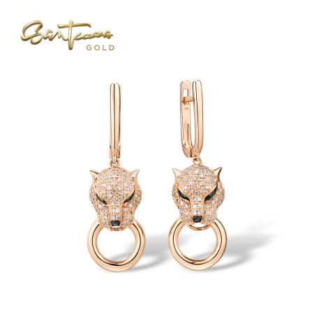 SANTUZZA 14K 585 Rose Gold Leopard Earrings Emerald Diamond Fine Jewelry
