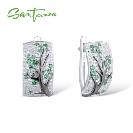 SANTUZZA 925 Sterling Silver Earrings Red Green Tree White Cubic Zirconia Jewelry