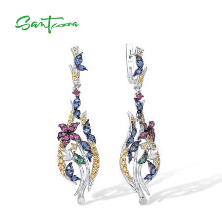 SANTUZZA 925 Sterling Silver Earrings Colorful Stones Butterfly Dangling Earrings Jewelry