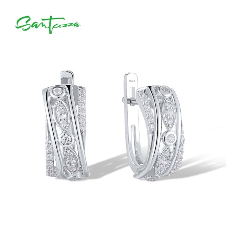 SANTUZZA 925 Sterling Silver Earrings Sparkling White Cubic Zirconia Jewelry