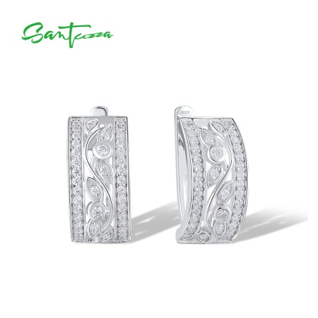 SANTUZZA 925 Sterling Silver Earrings Sparkling White Cubic Zirconia Chic Flower Jewelry