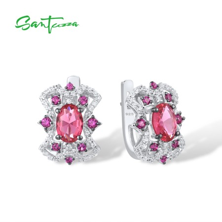 SANTUZZA 925 Sterling Silver Earrings Pink Red Stones White CZ Stud Earrings Fine Jewelry