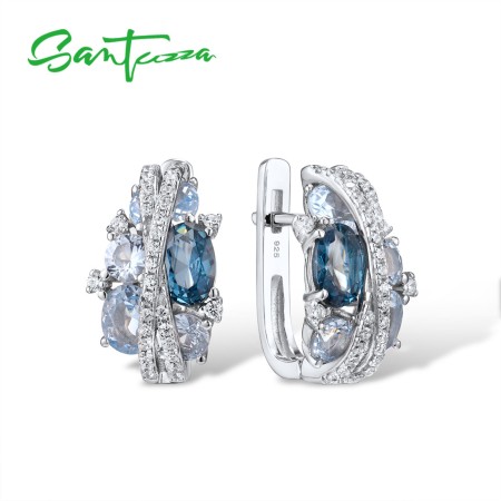 SANTUZZA 925 Sterling Silver Earrings Blue Cubic Zirconia Jewelry