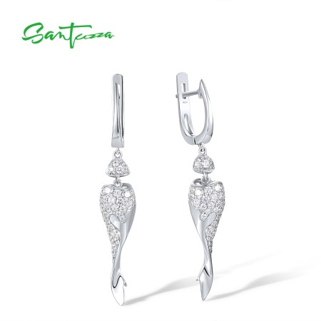 SANTUZZA 925 Sterling Silver Earrings Long Danling White Plating Cubic Zirconia Jewelry