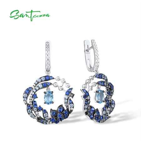 SANTUZZA 925 Sterling Silver Drop Earrings Blue Gems White CZ Round Flower Earrings Jewelry