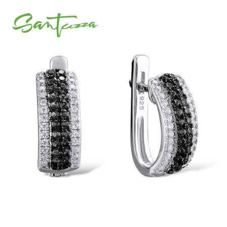 SANTUZZA 925 Sterling Silver Stud Earrings Round Black Stones Fine Jewelry