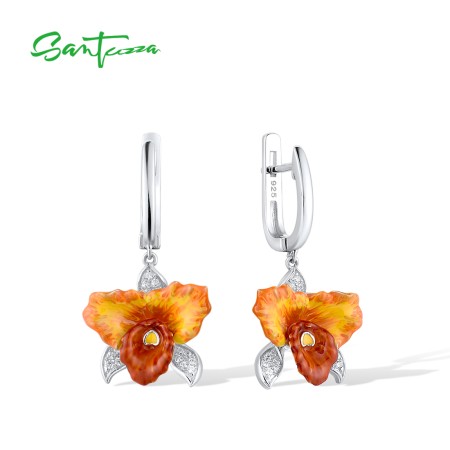 SANTUZZA 925 Sterling Silver Earrings Orange Orchid Enamel Flower Elegant Flower Jewelry