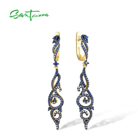 SANTUZZA 925 Sterling Silver Dangling Ombre Earrings Blue Spinel /Nano CZ Long Linear Fine Jewelry