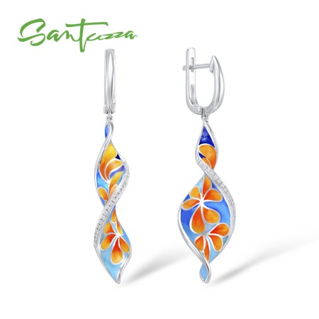 SANTUZZA Silver Earrings 925 Sterling Silver Long Colorful Flower Drop Earrings Jewelry Enamel