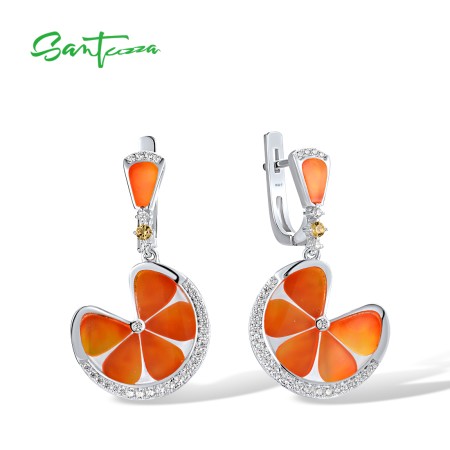 SANTUZZA 925 Sterling Silver Earrings For Women Sparkling Orange Enamel Leaf Fine Jewelry