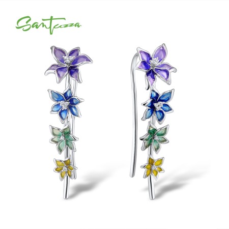 SANTUZZA Climber Earrings 925 Sterling Silver Black White Enamel Flower Jewelry