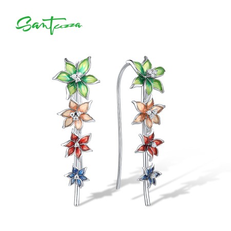 SANTUZZA Earrings 925 Sterling Silver Green Enamel Flower Climber Long Jewelry