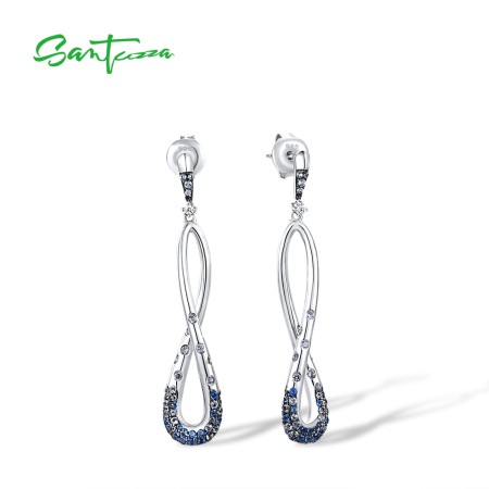 SANTUZZA Silver Earrings 925 Sterling Silver Blue Spinel White CZ Geometric Dangling Earrings Jewelry