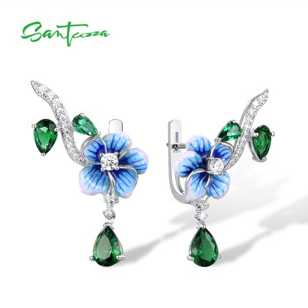 SANTUZZA 925 Sterling Silver Drop Earrings Green Stones White CZ Blue Flower Enamel Fine Jewelry