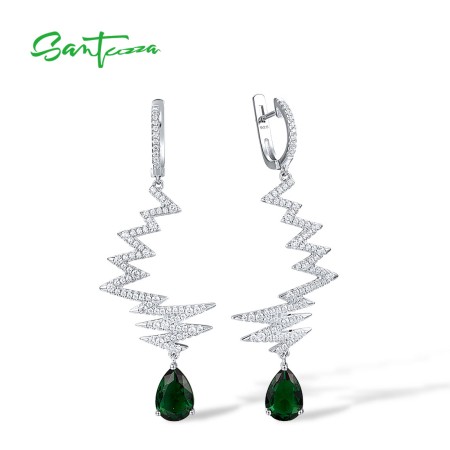 SANTUZZA 925 Sterling Silver Long Drop Earrings Green Glass White CZ Wave Shape Jewelry