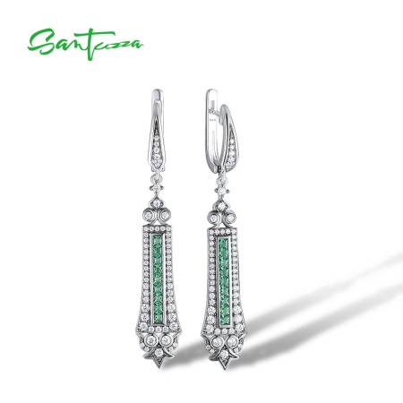 SANTUZZA 925 Sterling Silver Earrings Green Spinel White Cubic Zirconia Dangling Earrings Jewelry
