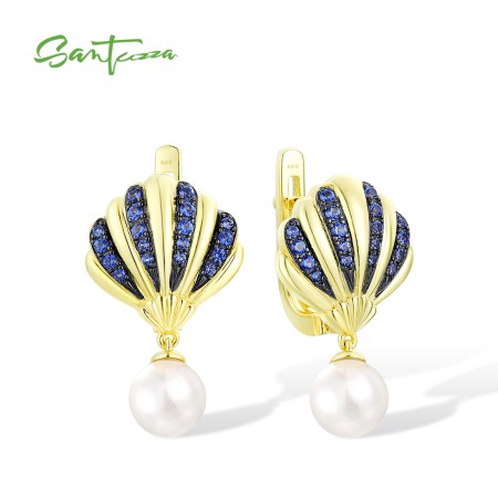 SANTUZZA 925 Sterling Silver Earrings White Shell Beads Blue Nano White Cubic Zirconia Shell Jewelry