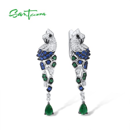 SANTUZZA 925 Sterling Silver Earrings Parrot Birds Blue Green CZ Drop Earrings Fine Jewelry