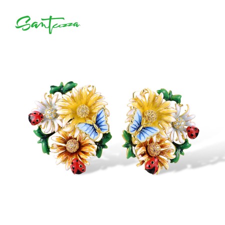 SANTUZZA 925 Sterling Silver Earrings Yellow Champagne CZ Flower Cluster Butterfly Jewelry Enamel