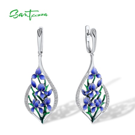 SANTUZZA 925 Sterling Silver Earrings White CZ Blue Orchid Flower Dangling Enamel Jewelry 
