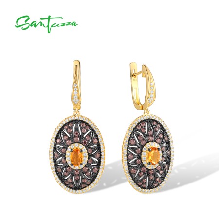 SANTUZZA 925 Sterling Silver Drop Earrings Chocolate CZ Chic Flower Jewelry