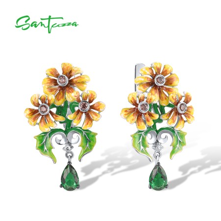 SANTUZZA 925 Sterling Silver Drop Earrings Green Stones Enamel Yellow Flower Fine Jewelry