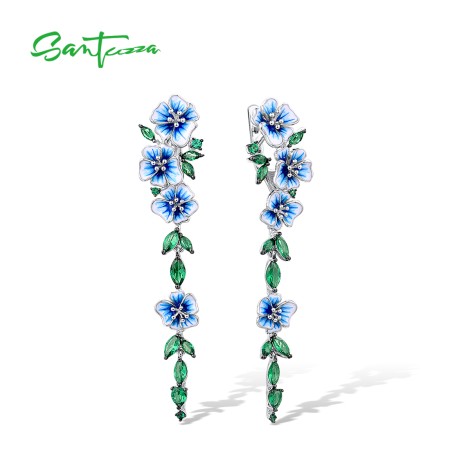 SANTUZZA 925 Sterling Silver Earrings For Blue Flowers Dangling Jewelry Enamel