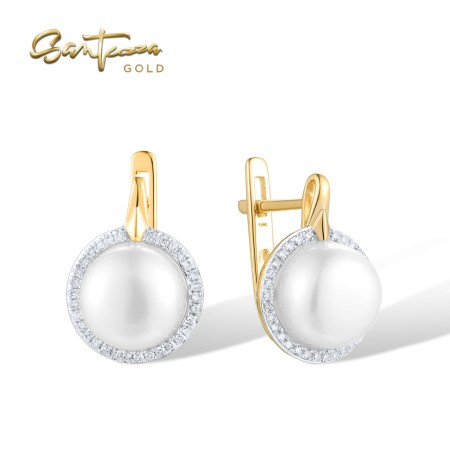 SANTUZZA 14K 585 Yellow Gold Earrings Sparkling Diamonds Fresh Water Pearl Fine Jewelry